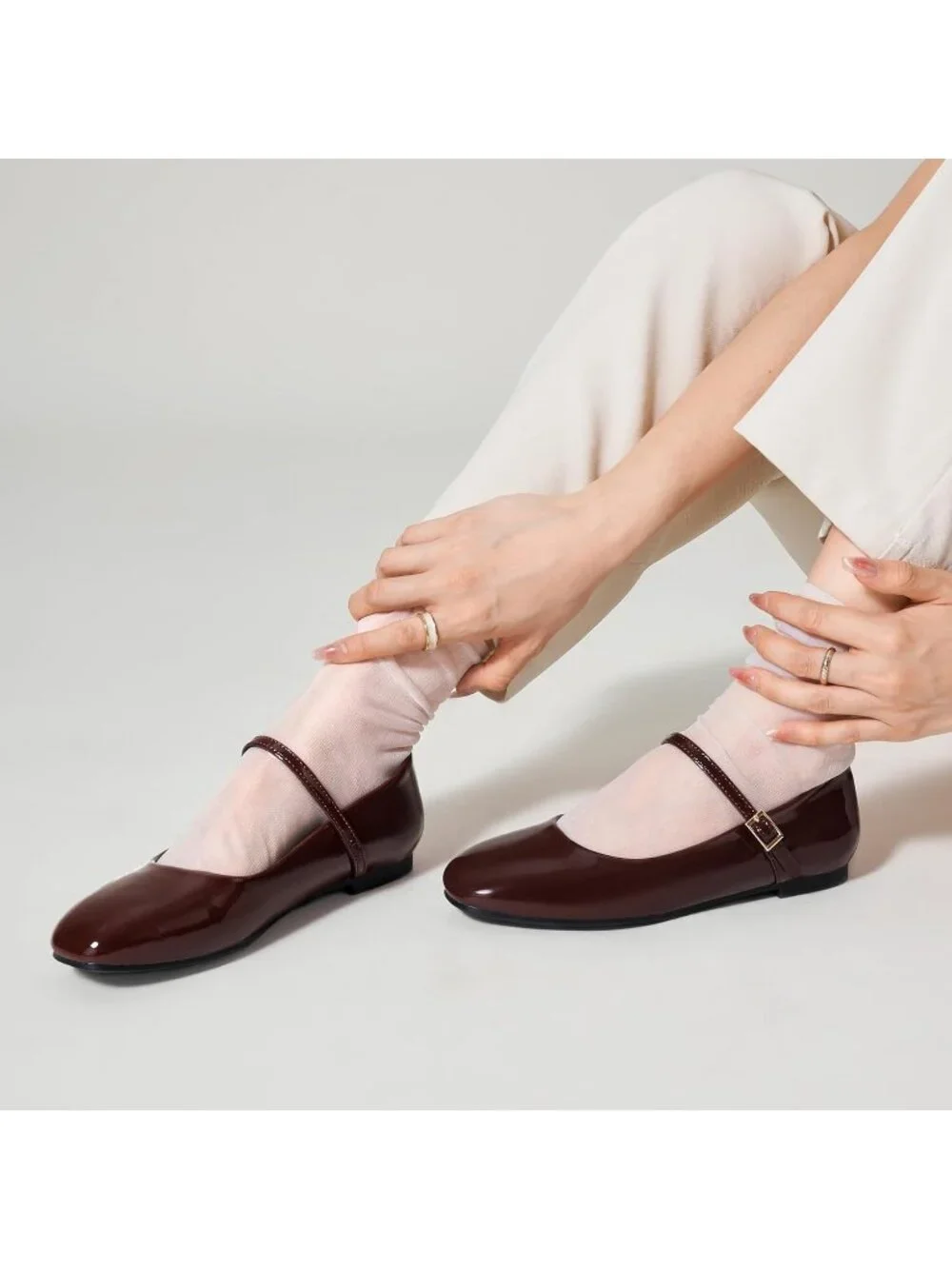 Women's Dark Brown Square Toe Adjustable Buckle Strap Ballet Flat Slip On Shoes